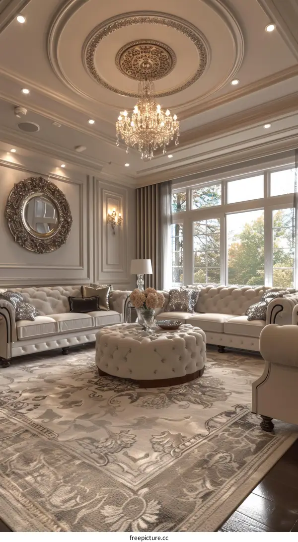 Ornate Living Room with Crystal Chandelier, Tufted Furniture and Marble Fireplace