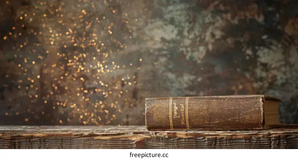 Old book on a wooden table with a shiny background