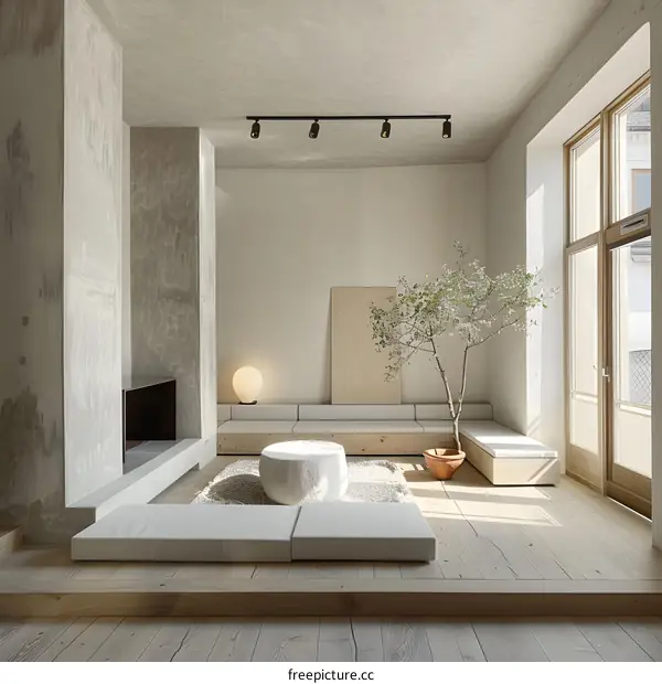 Minimalist Living Room Design with Natural Light and Stone Coffee Table