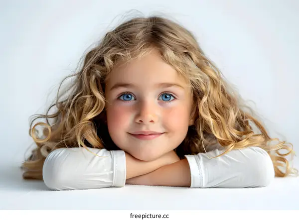 Portrait of a young girl with blond curly hair and blue eyes