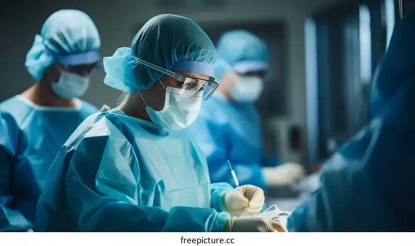 Surgeons performing an operation in a hospital operating room