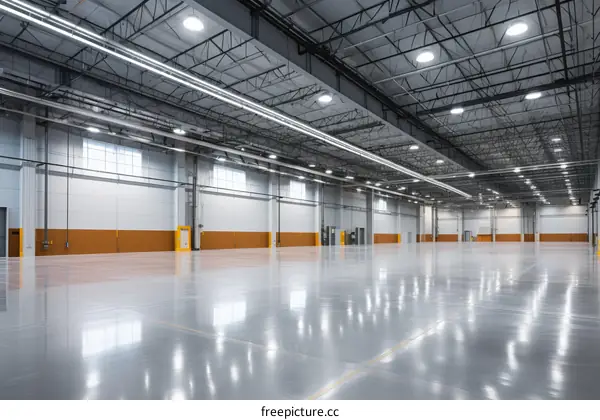 An empty warehouse with a shiny floor