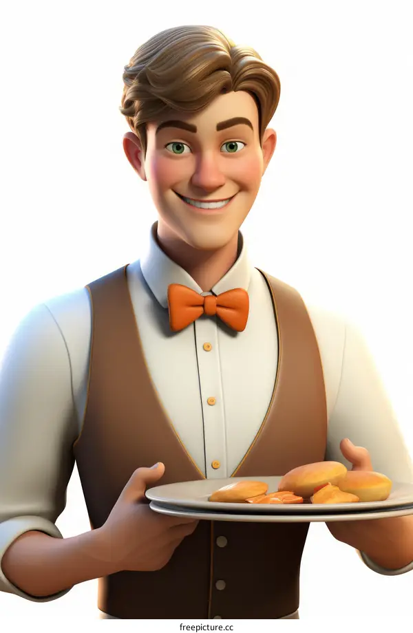 3D rendering of a waiter holding a plate of food