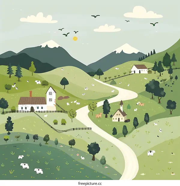 Farmhouse Illustration with Winding Road and Green Hills