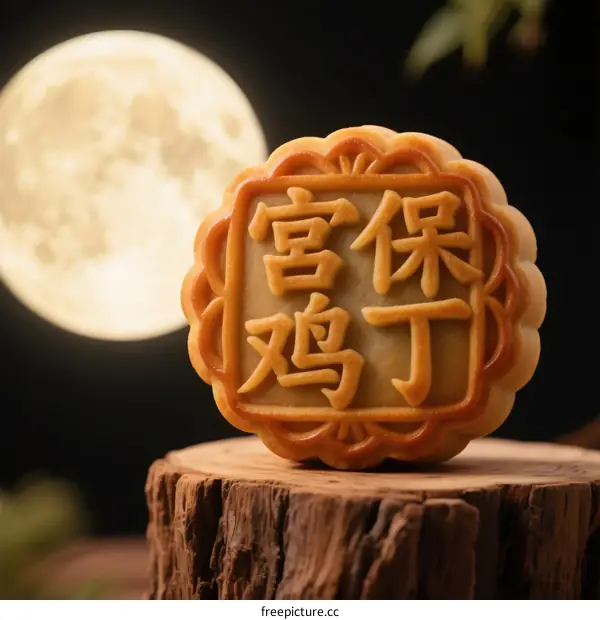 Mooncake with 'Gong Bao Ji Ding' inscription under a full moon
