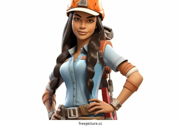 A female wearing an orange hard hat and blue shirt with brown hair standing with a confident smile on her face