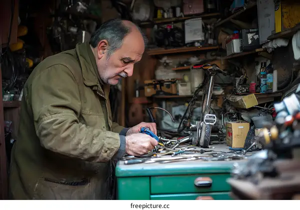 Old Man Fixing a Bicycle in a Workshop