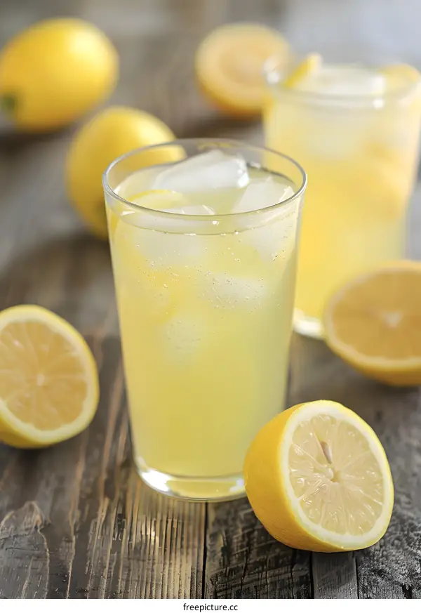 Lemonade with Ice Cubes and Lemon Slices