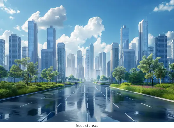 Modern Cityscape with Green Avenues