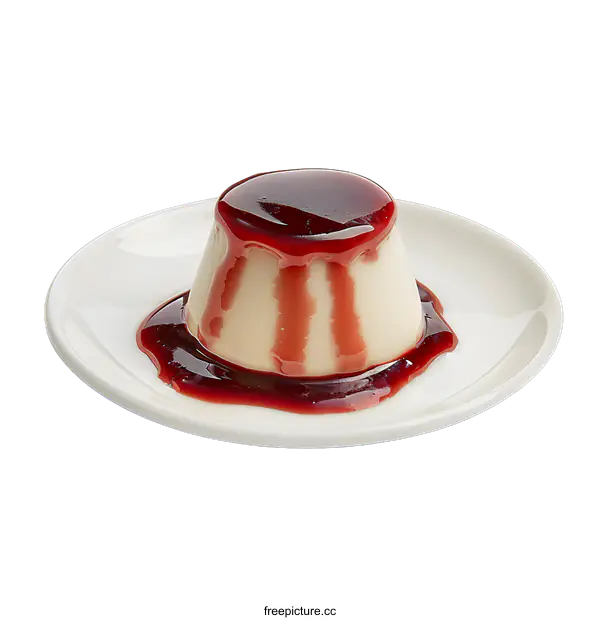 [Transparent Background PNG]creme caramel dessert with red berry sauce