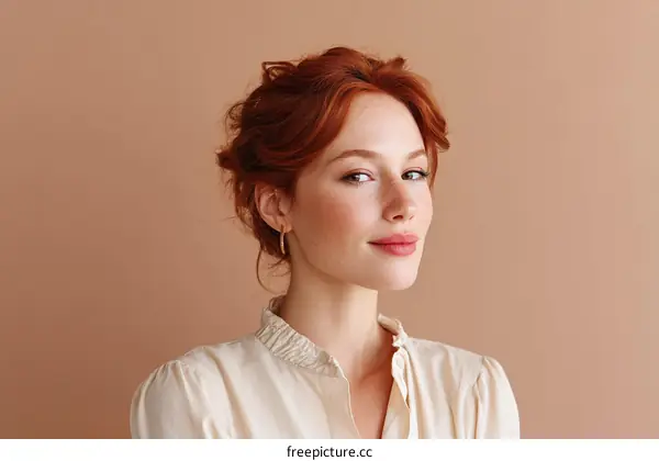 Portrait of a Red-Haired Woman in a Beige Shirt