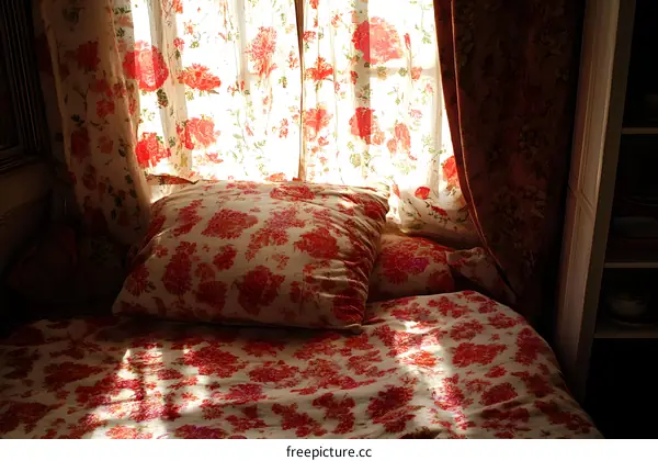 Sunlight streaming through floral curtains onto bed