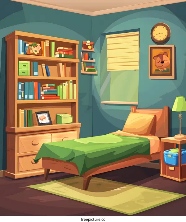 Cartoon Illustration of a Kids Bedroom with a Bed and Bookshelf