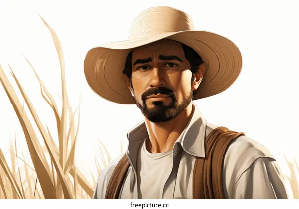 Portrait of a man wearing a straw hat and a white shirt