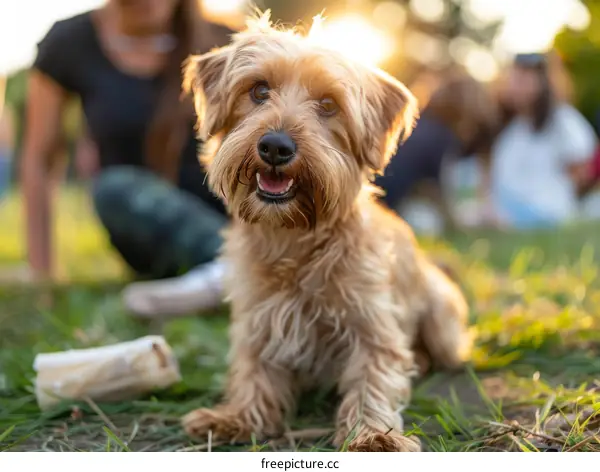 Brown Terrier Puppy Playing with White Bone Toy in Grass