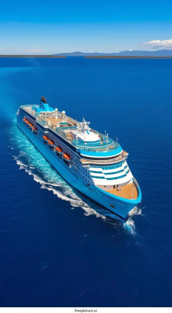 Blue and white cruise ship sails on calm blue ocean waters