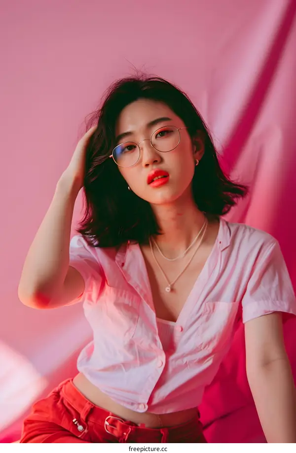 Portrait of Young Asian Woman Wearing Glasses Against Pink Background