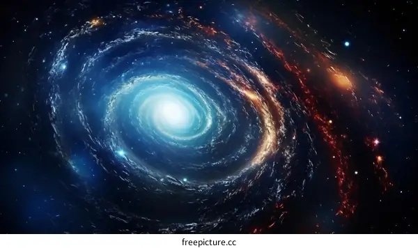 Blue and orange spiral galaxy with stars in the background