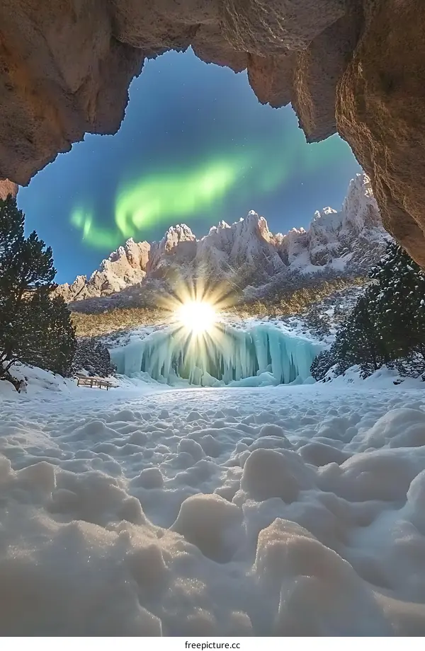Frozen Waterfall and Aurora Borealis in Winter Mountains
