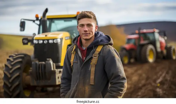 Young farmer standing in front of two tractors