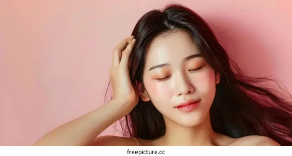 Beautiful Asian Woman With Long Black Hair Posing in Pink