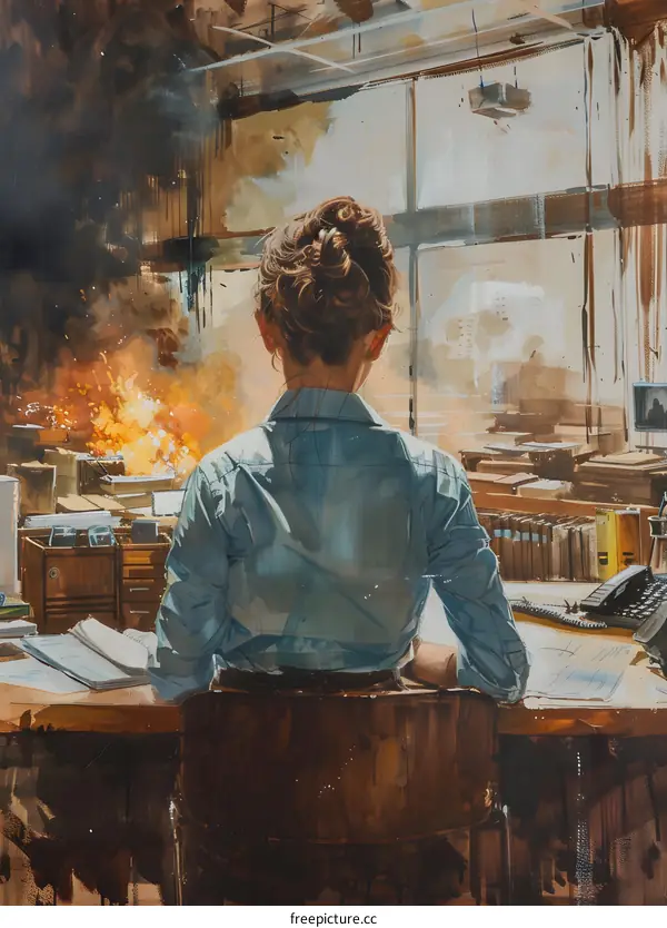 A woman sits at her desk looking out at a burning city.