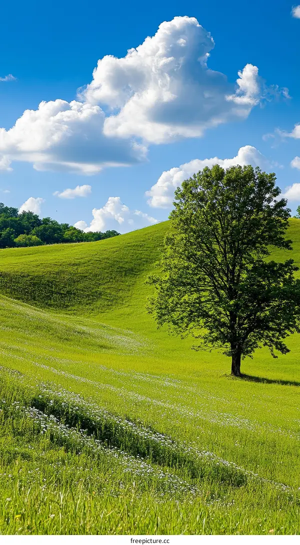 Tranquil Green Meadow Under a Cloud-filled Sky