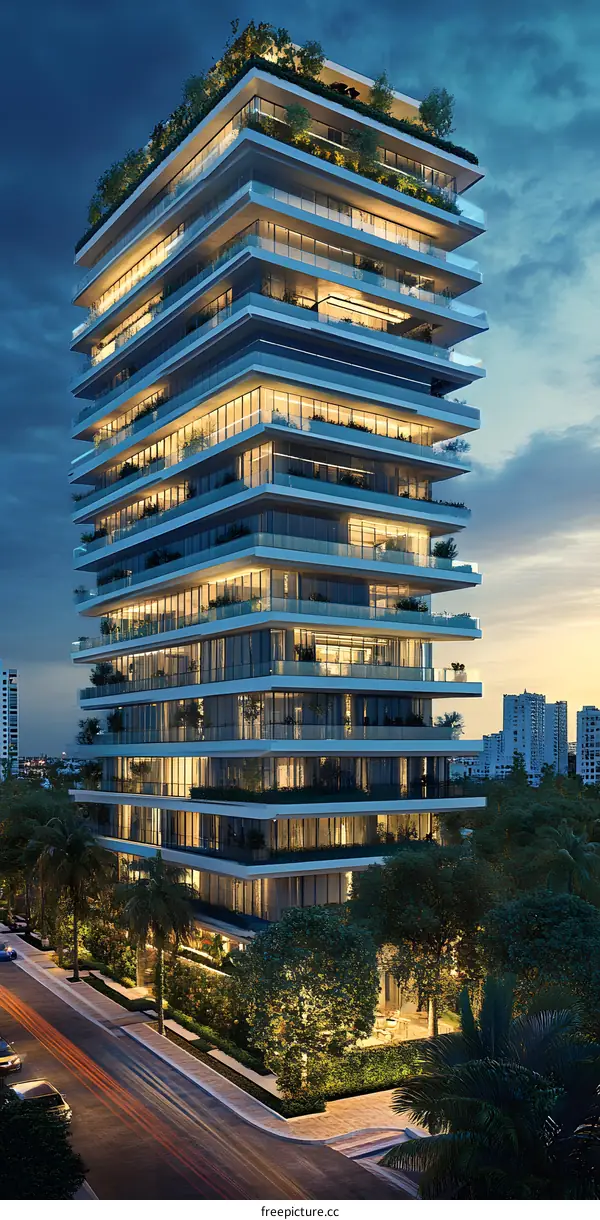 Modern Luxury Apartment Building with Green Roof and Night Lighting