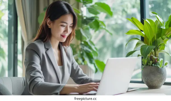 Asian businesswoman working on laptop in home office