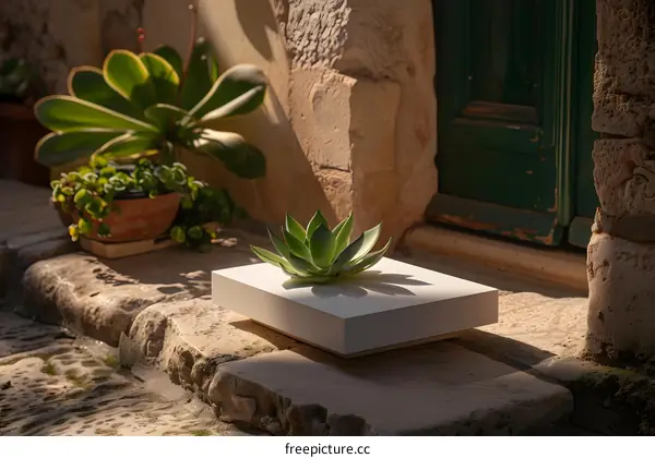 White Planter with Succulent on Stone Steps