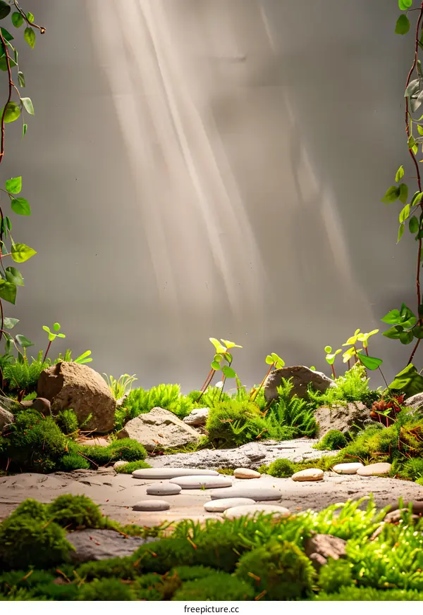 Stone Path Through Lush Green Moss With Sunlight Streaming Through