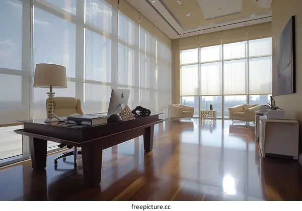 Office interior with large windows and wooden desk