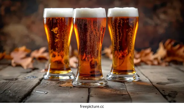 Three Glasses of Beer on a Wooden Table