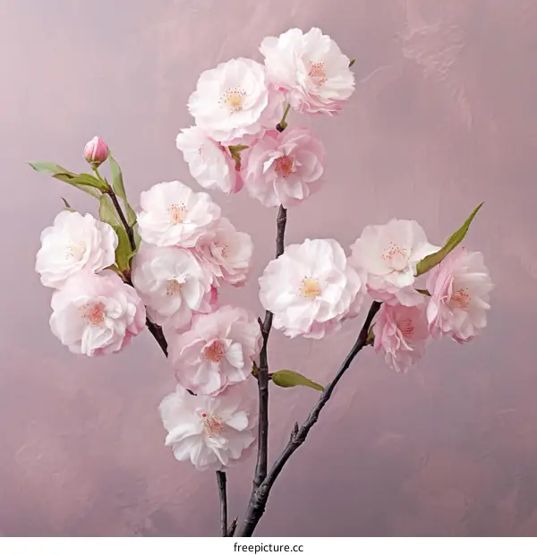 A branch of delicate pink cherry blossoms against a pink background