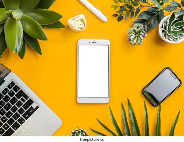 Yellow Background Flat Lay with Phone and Laptop