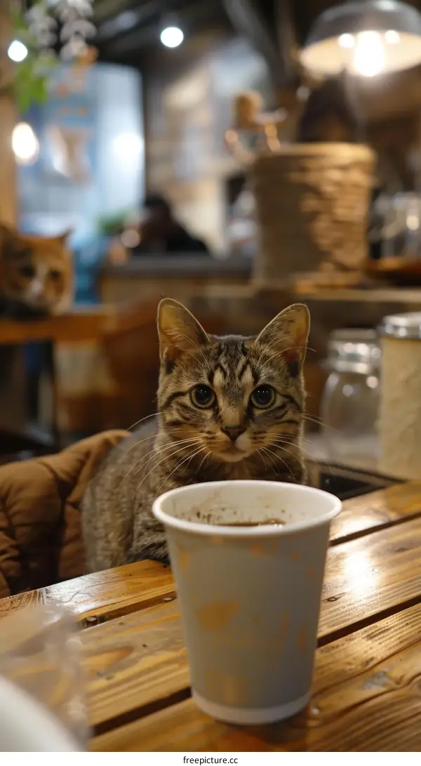 A cat is sitting on a table in a cafe