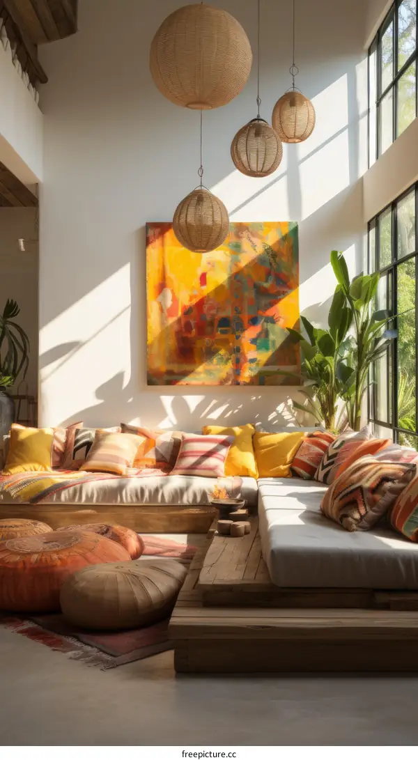 A Modern Living Room With A Large Painting On The Wall