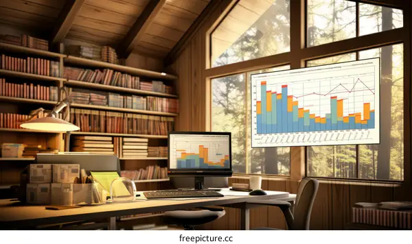 A home office with a large window looking out onto a forest