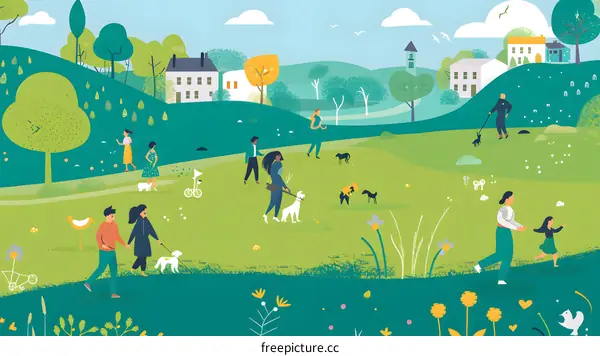 Happy Community Walking Their Dogs in Park with Green Landscape