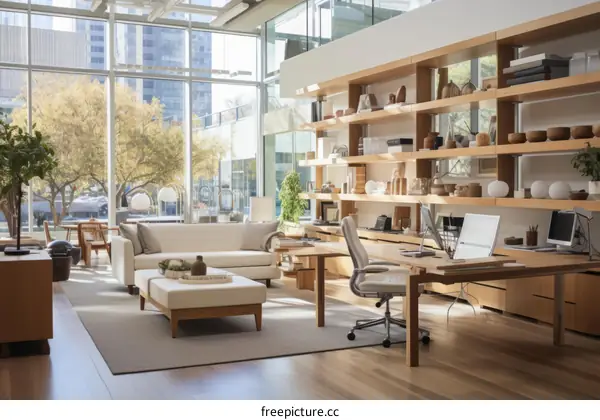A modern office with a large window, a desk, a sofa, and a rug.