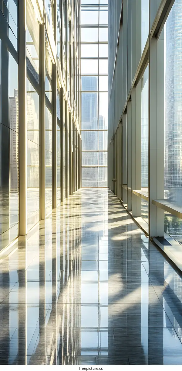 Modern Office Building Interior with Glass Walls and City View