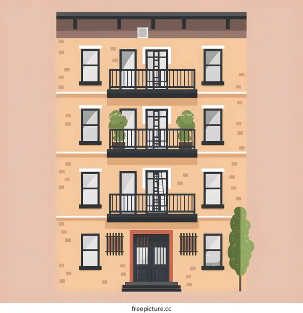 Simple Flat Design of a Four-Story Building with Balconies