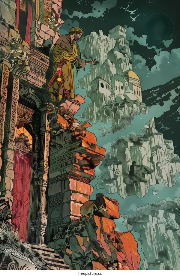 Man in Yellow Robe Standing on Edge of Ruined City Looking at City in the Clouds