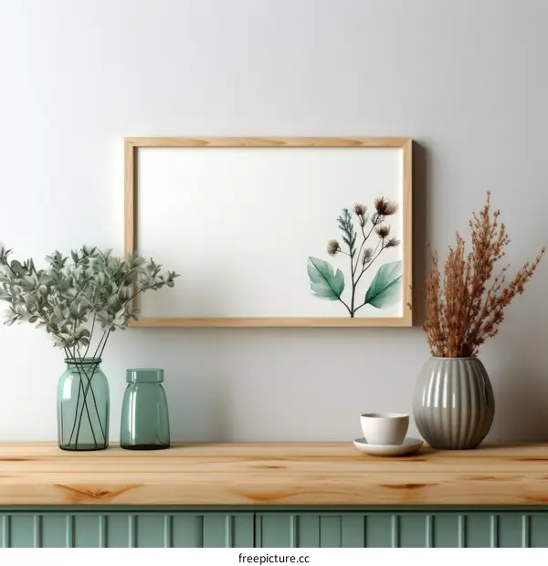 An illustration of a wooden table with a frame, vase, cup, and plants on it