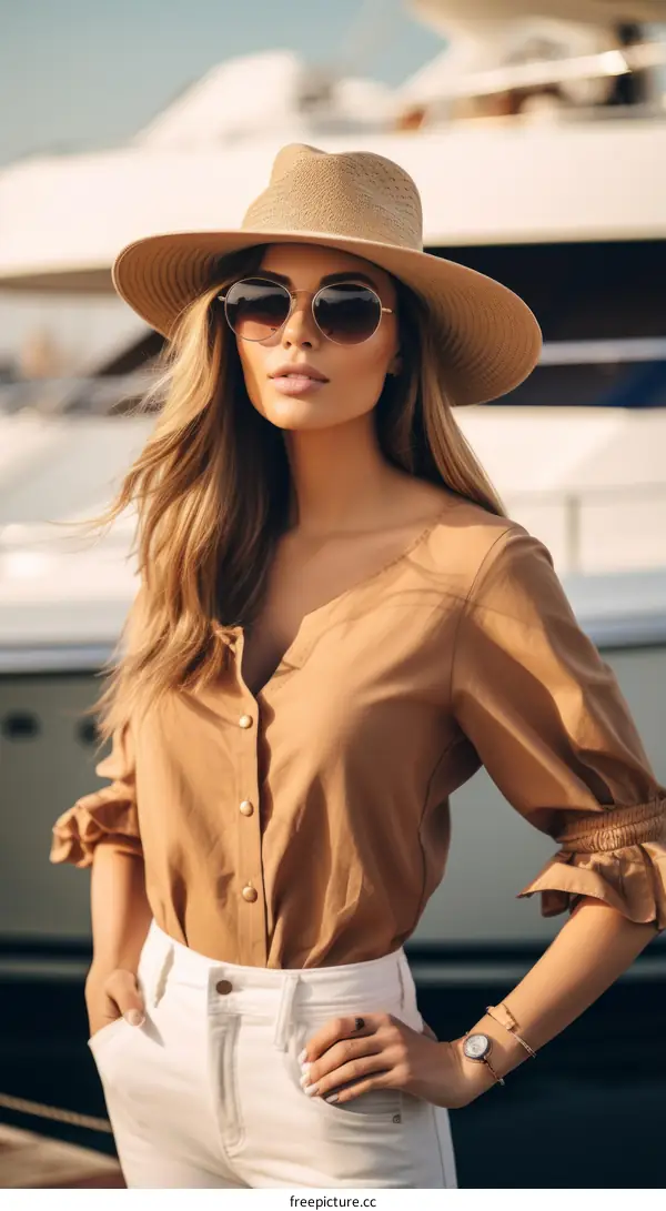 Portrait of a woman in a brown blouse and straw hat standing in front of a yacht