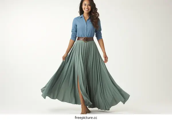 A woman wearing a long green skirt and blue shirt