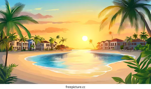 Tropical Sunset Beach With Palm Trees and Houses