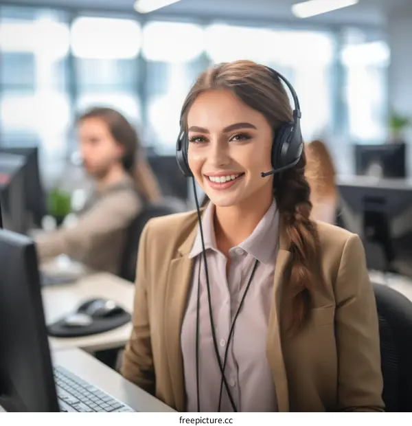 portrait of a smiling female customer service representative with a headset on