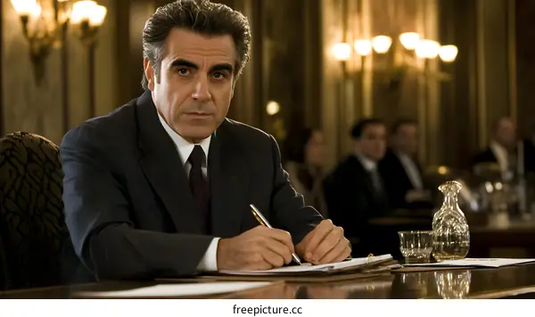 Serious Man in Suit Writing at a Table