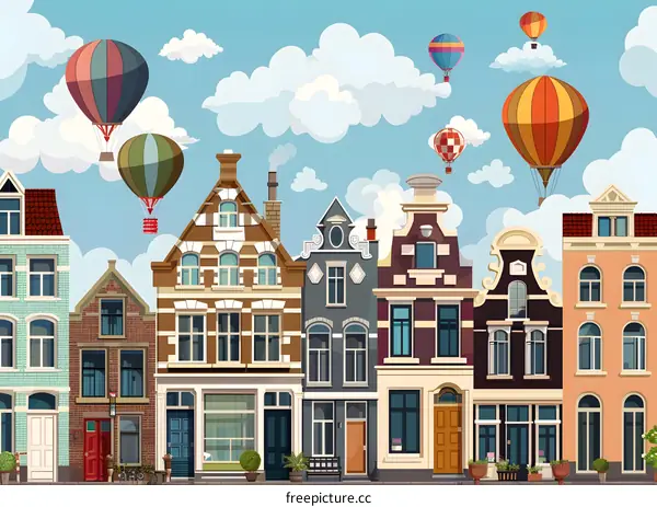 Colorful Hot Air Balloons Flying Over European Style Houses
